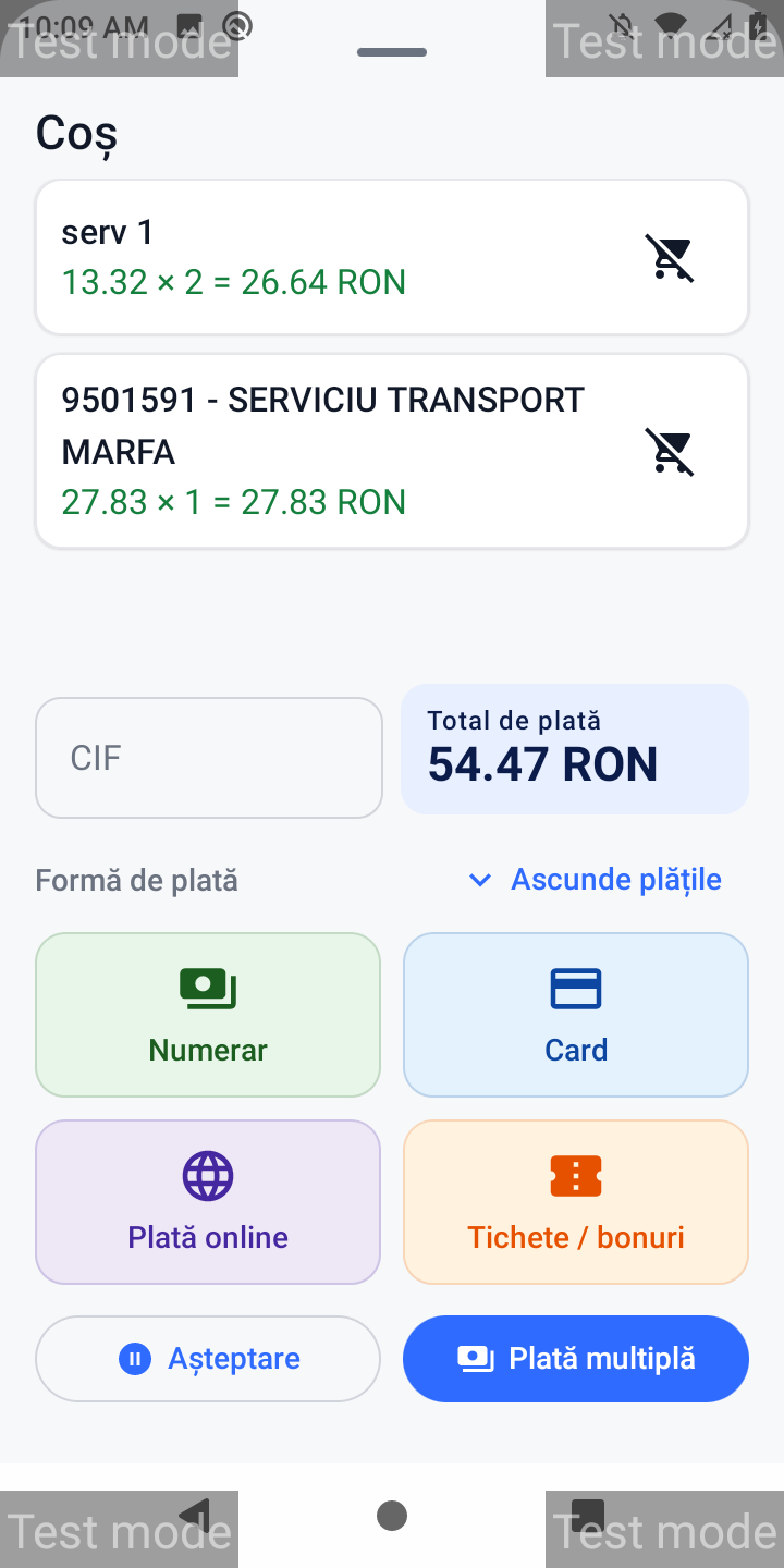 Coș și forme de plată pe Datecs BC50 — numerar, card, online, tichete, plată multiplă