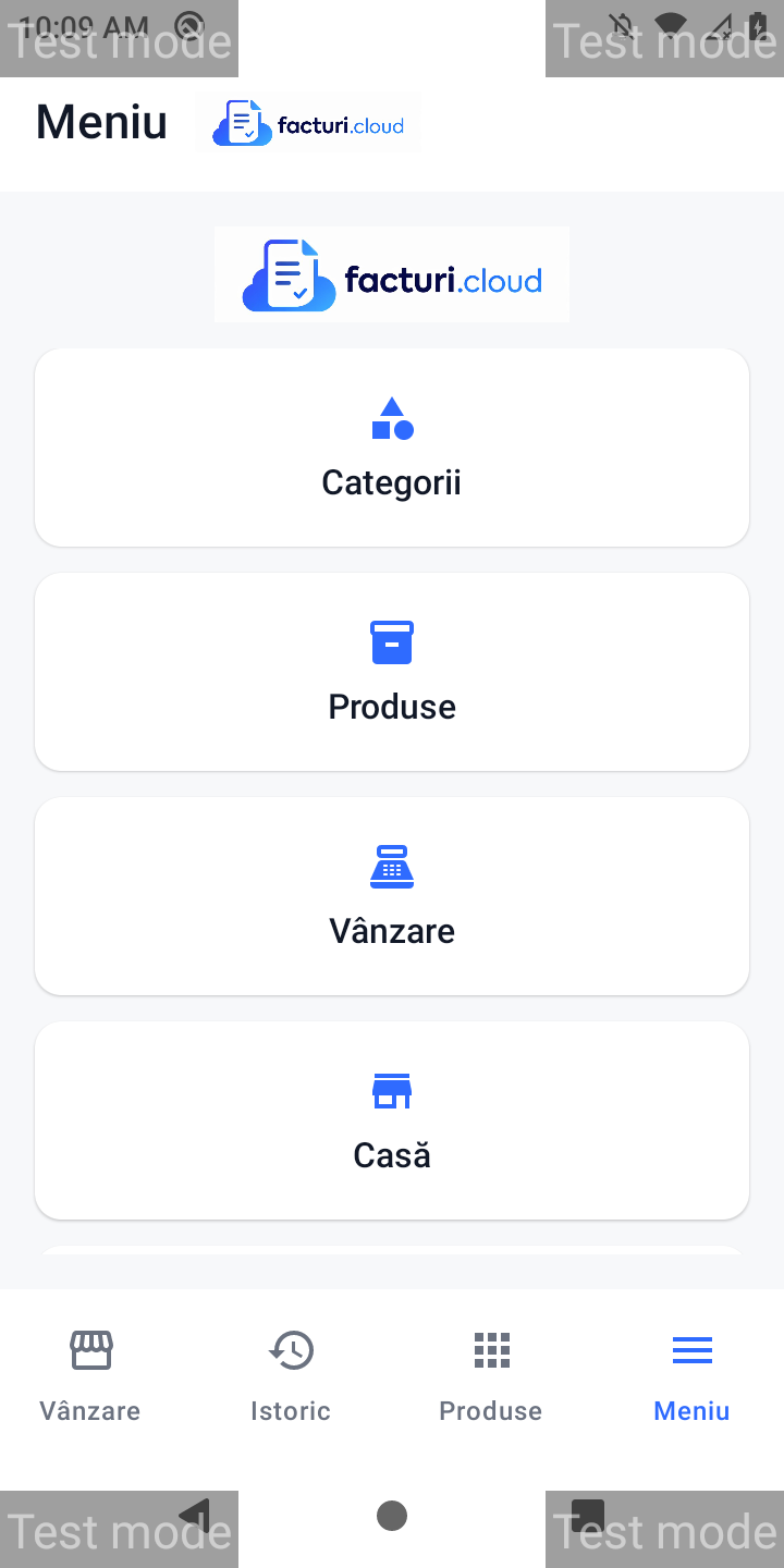 Meniu principal Facturi.cloud pe BC50 — Categorii, Produse, Vânzare, Casă