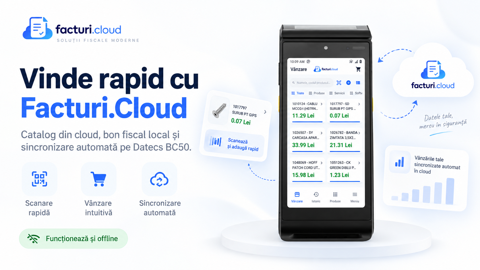 Facturi.cloud pe Datecs BC50 — vânzare rapidă cu bon fiscal și sincronizare cloud
