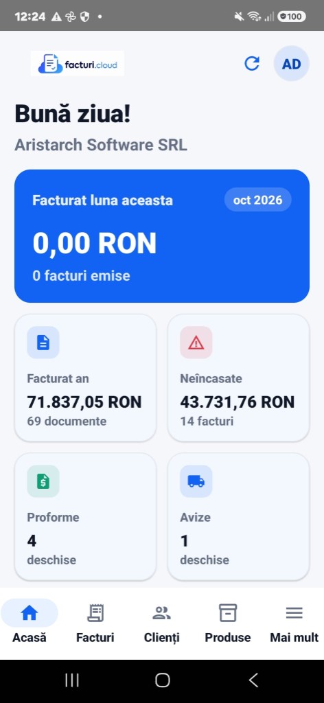 Ecran Acasă Facturi.cloud pe telefon — dashboard cu facturat luna, neîncasate, proforme și avize